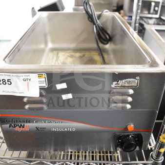 APW Wyott CW-2Ai countertop food warmer, stainless steel, insulated, 120 volts, control dial, good condition, model label visible.