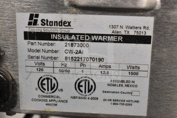 APW Wyott CW-2Ai Countertop Food Warmer, 120V, 1 Phase; ETL Listed; Serial 8152217070190; Part 21873000. Assembled in Mexico.