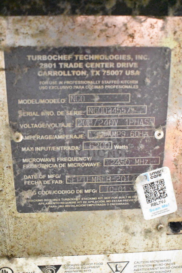 2017 Turbochef NGO oven label showing model, voltage, frequency, and manufacture date. Used condition, serial number visible.