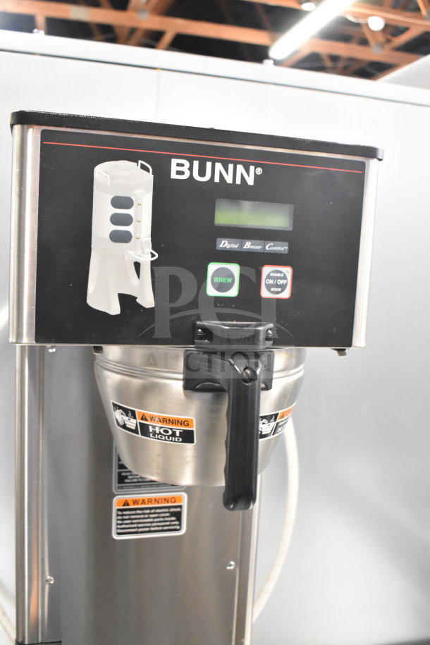 2018 Bunn SINGLE TF DBC commercial coffee machine, stainless steel, digital controls, warning labels, excellent condition.