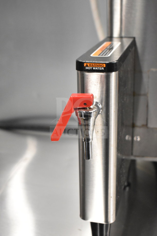 2018 Bunn SINGLE TF DBC coffee machine spout with red handle. Stainless steel, caution hot water label visible.