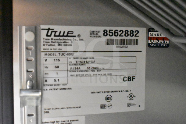True TUC-60G Commercial Under-counter Cooler, 2 Door, 115V, Model TUC-60G label showing specs and "Made in USA" marking.