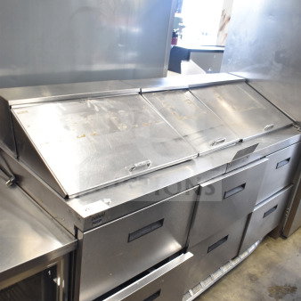 2017 Delfield D4472N-30M prep table, stainless steel, 6 drawers, bain marie top, 115V, commercial use, good condition.