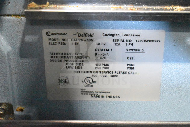 2017 Delfield D4472N-30M commercial sandwich salad prep table label, model and specs details, NSF, UL listed.