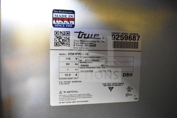 2017 True STA1FRI-1S Roll In Rack Cooler label, 115V, 1 phase, R404A refrigerant, Made in USA, Serial: 9259687.