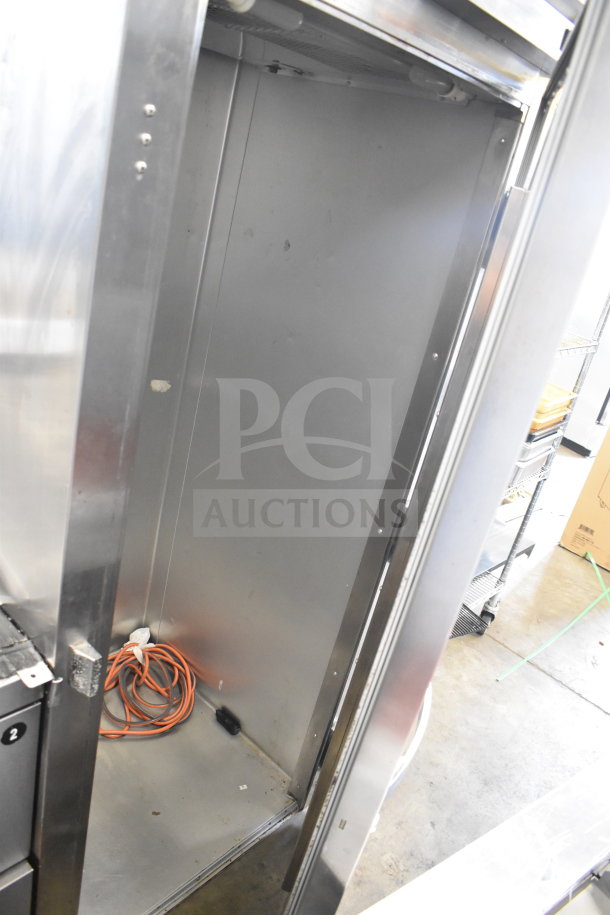 2017 True STA1FRI-1S commercial roll-in rack cooler, stainless steel, single door, 115 Volts, 1 Phase, good condition.