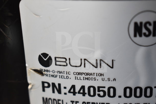 Bunn TF SERVER 44050.0001 ThermoFresh 1.5 Gallon Black Portable Server label, BUNN brand, NSF certified.