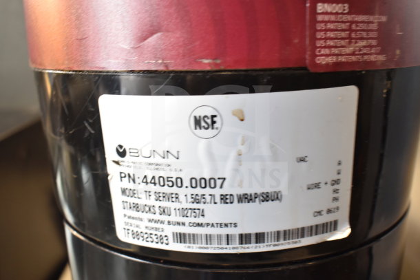 Bunn TF SERVER 44050.0001, 1.5-gallon portable server, black with NSF label. Model details visible: TF 44050.0007.