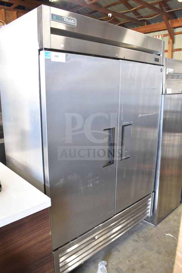 2020 True T-49-HC commercial two-door reach-in cooler, stainless steel, 115 volts, model tag visible, used condition.