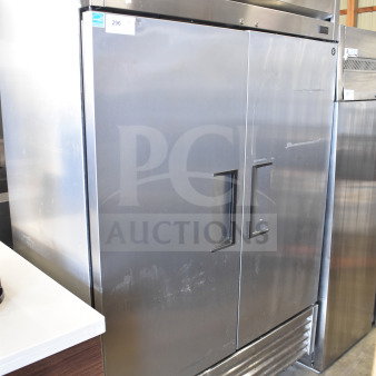 2020 True T-49-HC commercial two-door reach-in cooler, stainless steel, 115 volts, model tag visible, used condition.