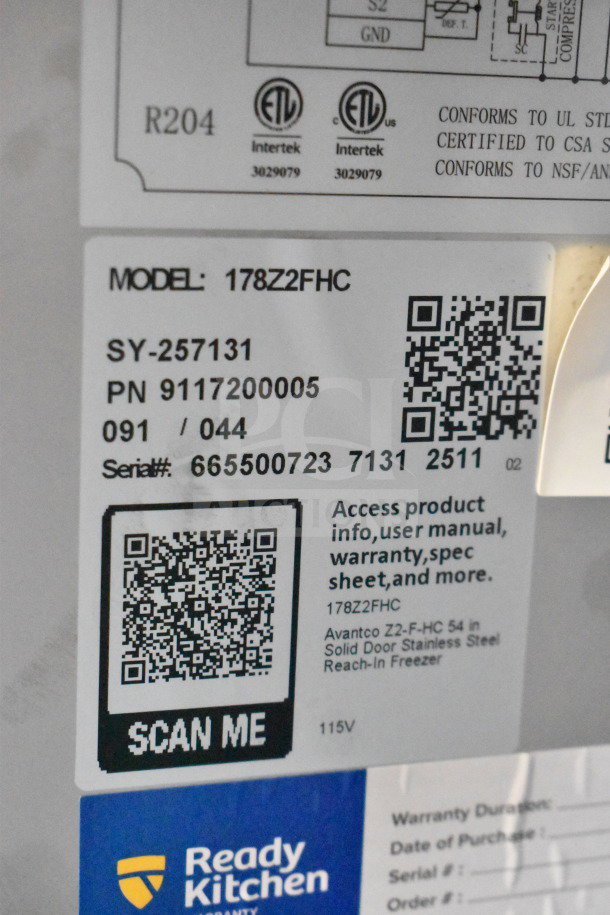Close-up of an Avantco 178Z2FHC model label on a 54" stainless steel reach-in freezer, 115V, including QR code and serial number.