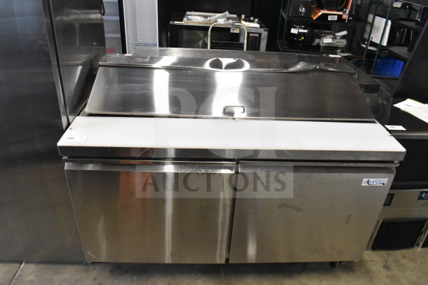 Brand new Avantco 178SSPT6010 commercial sandwich prep table with scratches and dents. Stainless steel, 115V, 1 phase.