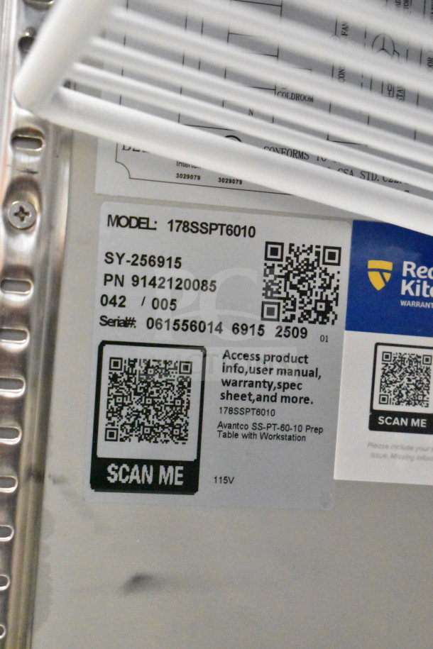 Avantco 178SSPT6010 Commercial Prep Table label, showing model, serial number, QR code, and 115V specification.