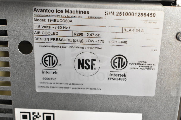 "Avantco 194EUCG80A Ice Machine label, showing model, 115 Volts, ETL and NSF certifications."