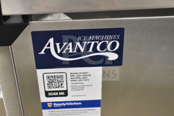 Brand new 2025 Avantco 194EBIN40022 stainless steel ice storage bin, 400 lb capacity, visible labels with QR code for info.