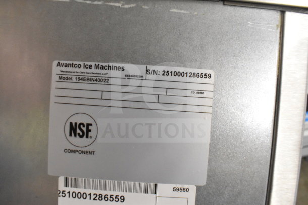 2025 Avantco 194EBIN40022 22" stainless steel ice storage bin, 400 lb capacity, scratch and dent. NSF label visible.