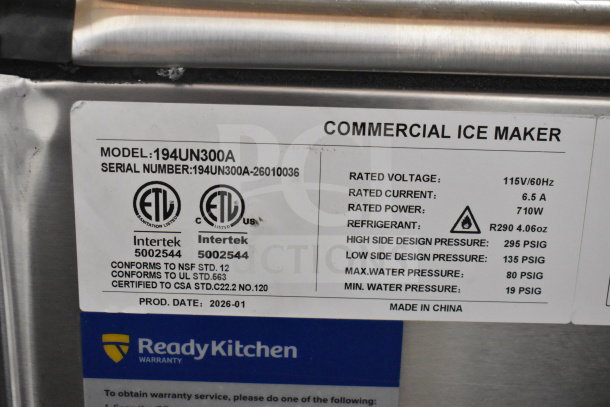 BRAND NEW SCRATCH AND DENT Avantco 194UN300A ice machine label showing voltage, power, refrigerant, and pressure specs.