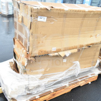 Cardboard boxes on a pallet, wrapped in plastic, labeled "D103". Boxes show wear and partial tearing. Contains work table, cutting board, pan rack.