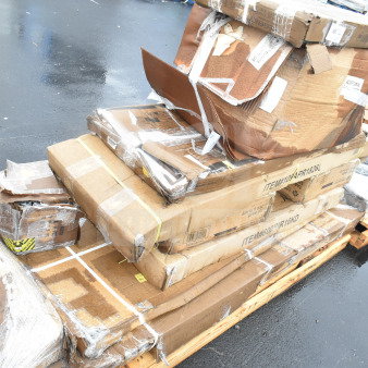 10 brand new scratch and dent items in boxes, including work table, pan rack, shelves. Visible item labels and packaging wear.