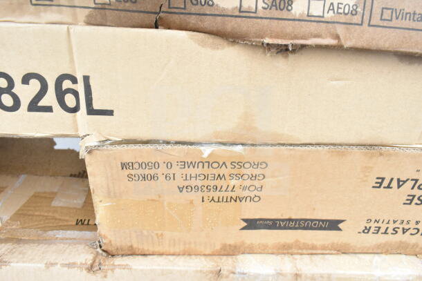 Cardboard boxes labeled with item numbers and gross weight, part of a 10-item scratch and dent auction lot.