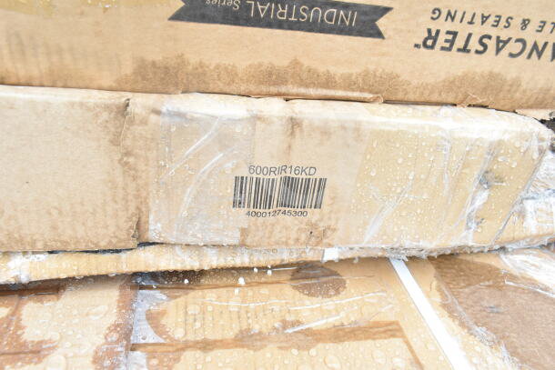 Cardboard box with barcode "600RIR16KD" and visible water droplets, indicating scratch and dent condition items inside.