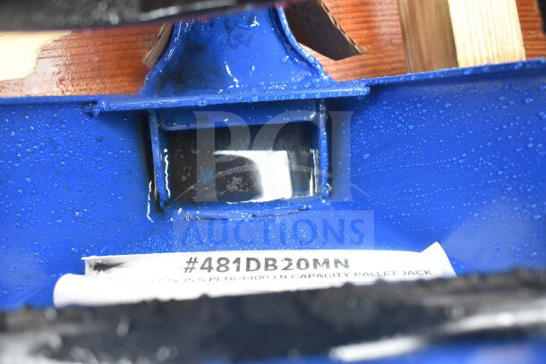 Blue Lavex 481XN25DF400 manual pallet jack, 17"x35.5", 4,400 lb. capacity, new with scratch and dent, tag reads #481DB20MN.