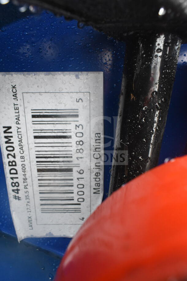 New Lavex 481XN25DF400 manual pallet jack, 17" x 35.5", 4,400 lb. capacity. Scratch and dent condition, made in China.