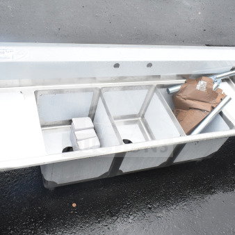 Brand new Steelton 522CS31416LR 66" sink, three compartments, two 12" drainboards, 14"x16"x12" bowls, scratch and dent condition.