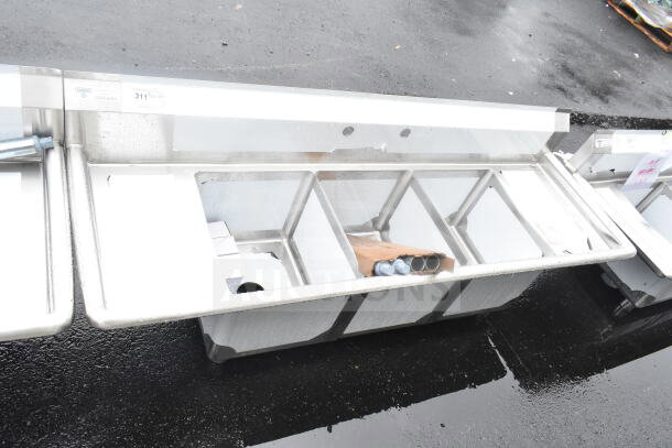 Steelton 522CS31416LR 66" three compartment sink, two 12" drainboards, 14"x16"x12" bowls; brand new, scratch and dent.