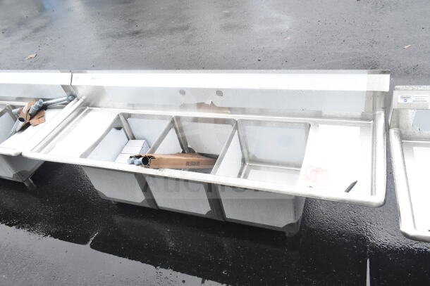 Steelton 522CS31416LR 66" three compartment sink, brand new, scratch and dent, with two 12" drainboards and 14" x 16" x 12" bowls.