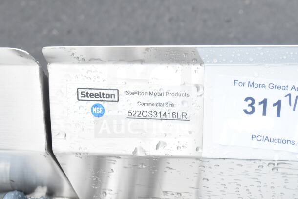Alt Text: Steelton 522CS31416LR commercial sink label, NSF certified, scratch and dent condition, with serial number.