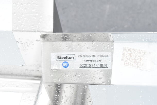 Alt text: Steelton 522CS31416LR commercial sink label, showing model and NSF certification.