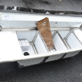 Brand new Steelton 522CS31416LR 66" three-compartment sink, two 12" drainboards, 14" x 16" x 12" bowls, slight scratch and dent.
