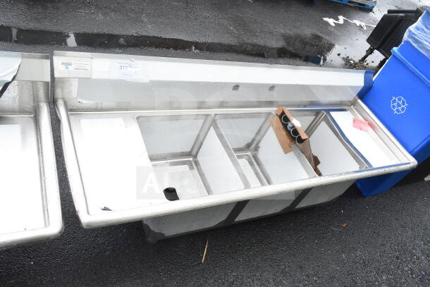 Brand new Steelton 522CS31416LR 66" three compartment sink with two 12" drainboards, 14" x 16" x 12" bowls, slight scratches.