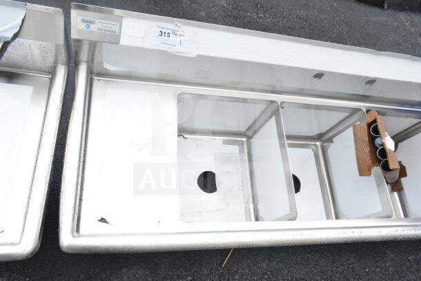Steelton 522CS31416LR 66" three-compartment sink, new condition, with two 12" drainboards, 14" x 16" x 12" bowls, scratch and dent.