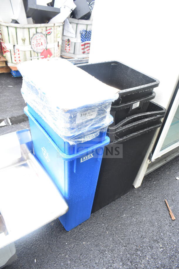 Eight new scratch and dent trash cans, including Lavex Slim Jim. Features stacked design, visible labels.