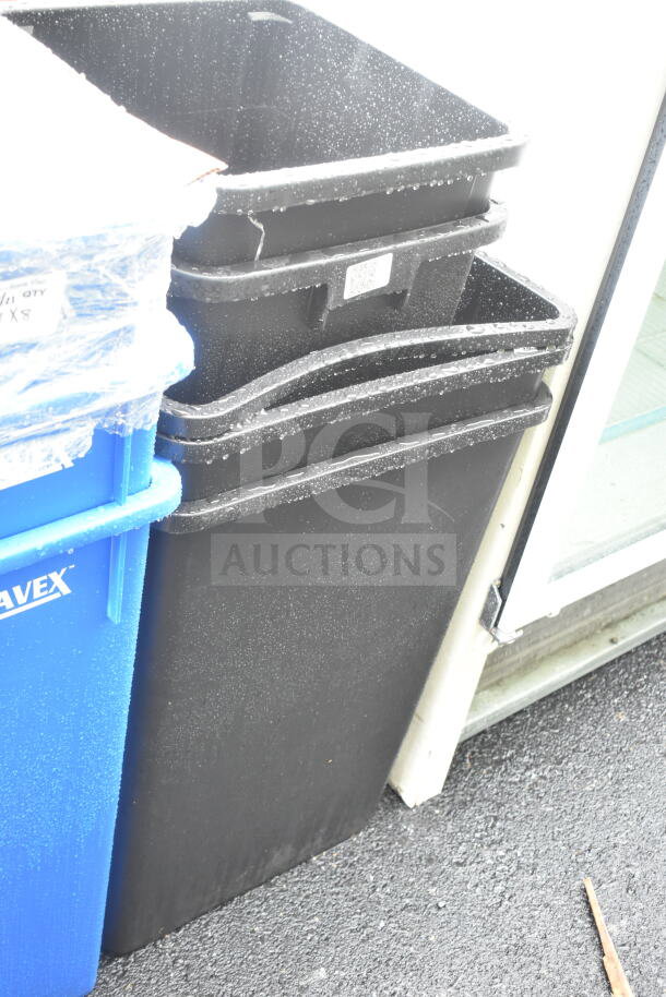 Set of brand new, scratch and dent trash cans, including Lavex Slim Jim models; 8 items, stackable design.