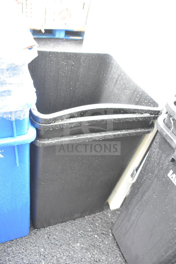 Brand new Lavex Slim Jim trash cans, 8 units. Slight scratches and dents visible. High durability, slim design.