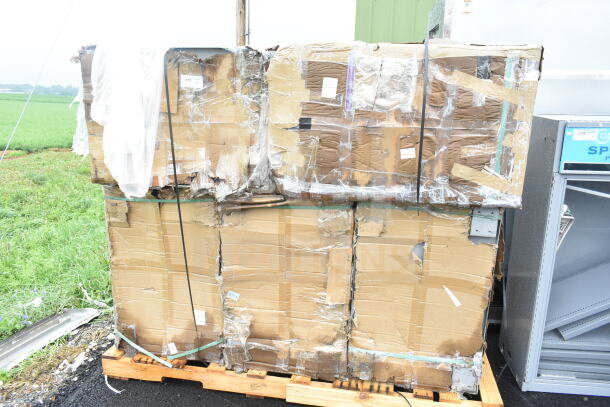 Damaged boxes containing five Lavex 257FSUC24363 utility carts, each 36"x24"x35", new with scratch and dent condition.