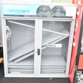 Gray metal two-door display cabinet merchandiser, featuring adjustable shelves, Copenhagen branding, and lockable doors.