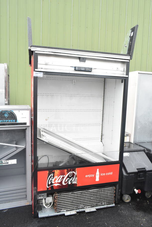 True TAC-48 commercial merchandiser, 208-230V, 1 phase, open-front design, Coca-Cola branding, used condition.