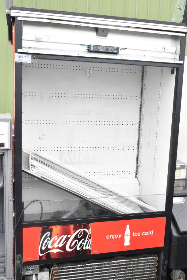 True TAC-48 commercial merchandiser, 208-230V, 1 phase, open front, multi-shelf, Coca-Cola branding, used condition.