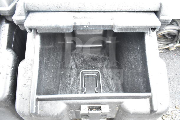 Cambro black poly portable ice bin on commercial casters, brand new with slight scratches, durable and spacious.