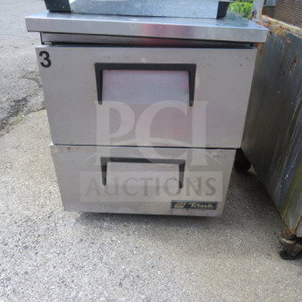 True 2 Drawer Worktop Freezer, Model TUC-27F-D-2, stainless steel, used condition, 27.5x30x34 inches, 115 Volt.