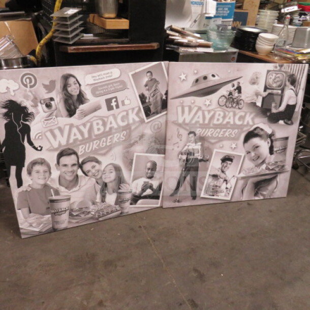 36x36 canvas pictures with vintage look, featuring Wayback Burgers theme. Two pieces, monochrome, excellent condition.