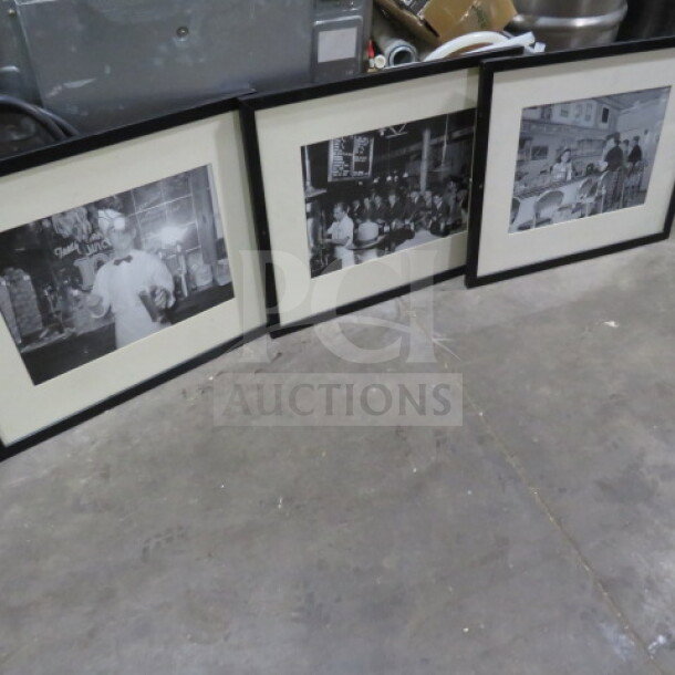 Three 17x21.5 framed vintage-style black-and-white photographs in black frames; good condition, capturing historical scenes.