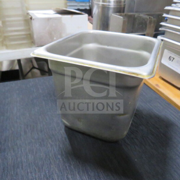 1/6 size, 6-inch deep hotel pan, stainless steel, used condition, suitable for commercial kitchen use.