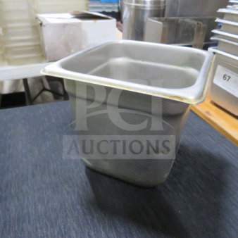 1/6 size, 6-inch deep stainless steel hotel pan in used condition, suitable for food service, marked 3XBID.