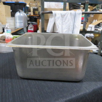 1/2 Size 6 Inch Deep Hotel Pan, stainless steel, used condition, suitable for restaurant or catering use, model 3XBID.