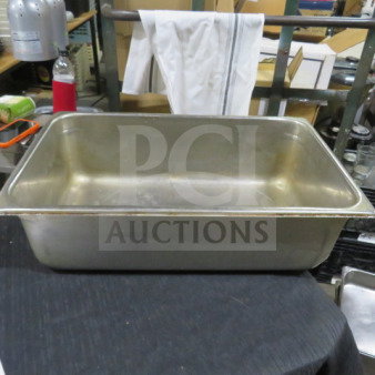 Full Size 6 Inch Deep Hotel Pan 3XBID, stainless steel, used condition, sturdy construction, ideal for commercial kitchens.